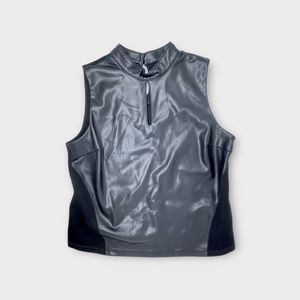 Marc NY Andrew Marc Faux Leather Black Top Sz M Mock Neck Keyhole Sleeveless